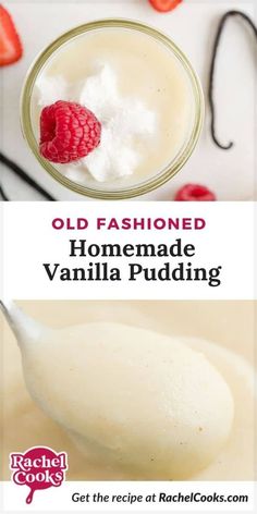 an old fashioned homemade vanilla pudding in a glass jar with a spoon full of whipped cream and raspberries