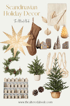 an image of christmas decorations and presents on the front cover of a holiday card with text that reads, scandinavian holiday decor