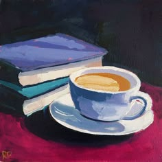 a painting of a cup of coffee and some books