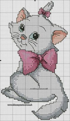 a cross stitch pattern with a cat wearing a pink bow tie