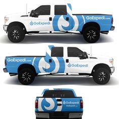 two pictures of a white and blue truck with the word goexed on it