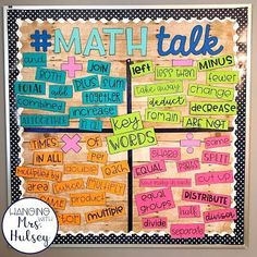 a bulletin board with words and pictures on it that say, math talks are fun