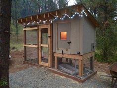 a chicken coop in the woods with lights strung on it's roof and windows