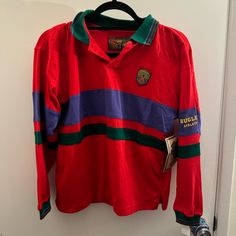 Incredible Vintage/Deadstock Rugby Shirt From Bugle Boy, Circa 1980s I Think. It Is Listed As A Women’s Xl, But Fits Much More Like A Medium, Or Small Oversized. Still Has Original Tags 90s Red Long Sleeve Tops, Red 90s Style Tops For Fall, Vintage Red Long Sleeve Top, Retro Red Long Sleeve Top, Red Retro Long Sleeve Top, Vintage Rugby Shirt, Lace Top Long Sleeve, Waffle Knit Top, Rugby Shirt