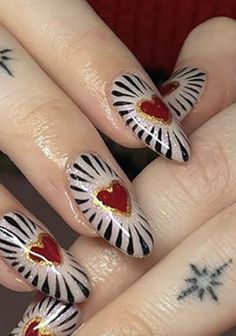 Nails Cool Ideas, Moody Valentines Day Nails, Fun Red Nail Designs, Red Nails With Design Ideas, Folk Art Nails, Fun Wedding Nails, Spring Goth Nails, 1970s Nails, Romantic Goth Nails