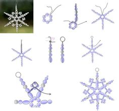 several snowflakes are shown in different shapes and sizes, including one with an ornament