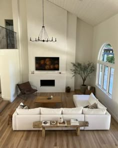 a living room filled with furniture and a fire place in the middle of a room