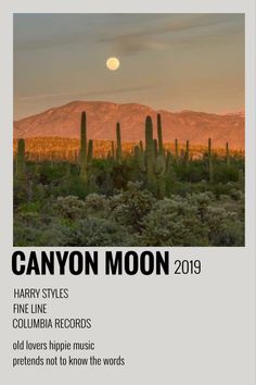 the cover of canyon moon 2019, with cactus and mountains in the background at sunset