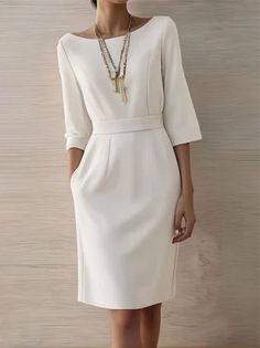 Chic Office Dress With Pockets, Formal White Dress With Pockets, Elegant White Dresses With Pockets, Classic Knee-length Dress With Pockets, Elegant Work Dresses With Pockets, Elegant Workwear Dresses With Pockets, Elegant Dresses With Pockets For Work, Classic Office Dresses With Pockets, Solid Color Dresses With Pockets For Formal Occasions