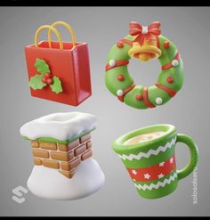 four christmas items including a mug, wreath and snowman ornament on a gray background