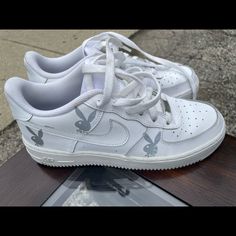 Nike Air Force 1 Reflective Playboy Decal Sneakers Worn Couple Of Times Greatly Preloved Condition Glows In The Dark Size Boys 6y Women’s 8 Playboy Decal, Shoes Nike Air Force, Shoes Nike Air, Shoes Nike, Nike Air Force 1, White Nikes, Air Force 1, Nike Air Force, In The Dark