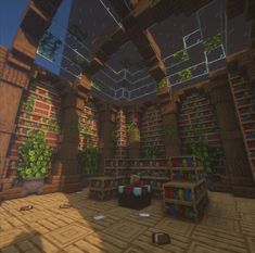 a room with lots of bookshelves and plants on the shelves in front of them