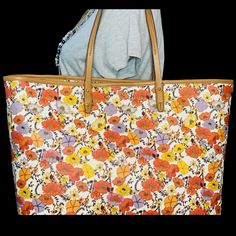 Tory Burch Kerrington Flower Large Tote. Brand New, Shoulder Straps, Measures 18” Across 13” In Height Floral Print Tote Shoulder Bag For Shopping, Floral Print Double Handle Shopping Bag, Multicolor Floral Print Shopping Bag, Tory Burch Ella Tote, Tory Burch Kira Chevron, Ella Tote, Beige Tote Bag, Tory Burch Ella, Beige Tote