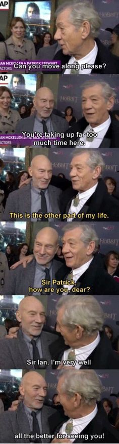 an older man in a suit and tie talking to another man with his hand on his hip