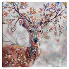 a painting of a deer with colorful leaves on it's antlers and head