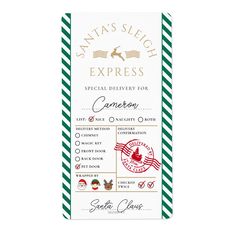 the santa's sleigh express ticket is shown in green and white stripes