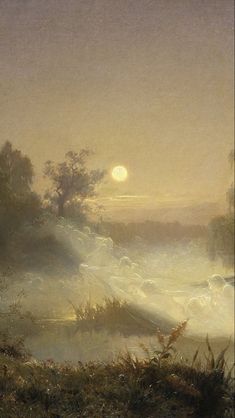 a painting of the sun setting over a river