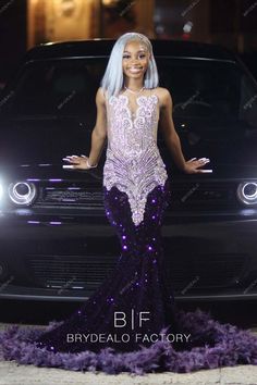 Purple Sequins Feathered Mermaid Rhinestones Prom Dress Inspiration Images #2024 #prominspiration Prom Purple, Royal Entrance, Prom Dress Sleeveless, Feather Prom Dress, Illusion Top, Ombre Purple, Dream Prom Dress, Sparkly Prom Dress, Prom Inspiration