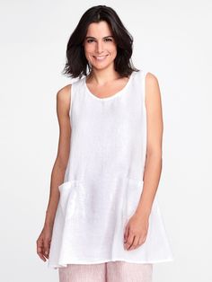 Tank Tunic by FLAX Spring Sleeveless Tops With Side Pockets, Sleeveless Spring Tops With Side Pockets, Sleeveless Summer Tops With Side Pockets, Casual Linen Tank Top For Daywear, Spring Sleeveless Tunic, Chic Sleeveless Linen Dress With Relaxed Fit, Chic Sleeveless Relaxed Linen Dress, Sleeveless Linen Tank Top For Daywear, Sleeveless Linen Dress With Relaxed Fit