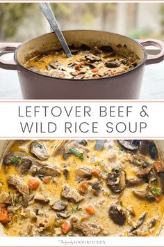 leftover beef and wild rice soup in a pot with a spoon on the side