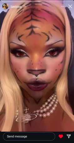 Tiger Makeup Black Women, Animal Print Halloween Makeup, Tiger Face Makeup Halloween, Cat Lips Makeup, Cat Prosthetic Makeup, Animal Costume Makeup, Tiger Print Makeup, Tiger Makeup Look, Animal Makeup Ideas