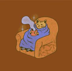 a drawing of a cat wrapped in a blanket and drinking from a coffee cup on a chair