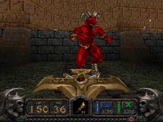 an old computer game with a demon standing on top of a table in front of a stone wall