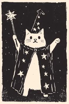 a black and white drawing of a cat wearing a wizard outfit with stars on it