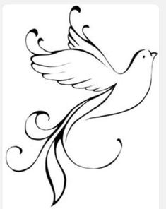 a black and white drawing of a bird with swirls on it's wings