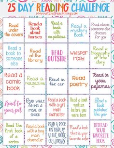 the 25 day reading challenge is shown with colorful circles on it and words that read, read