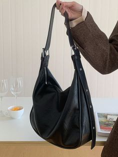 Black  Collar  PU Leather Plain Messenger Bag Embellished   Women Bags Tote Bag Aesthetic, Japanese Bag, Trendy Business Casual, Mommy Bag, Bag Aesthetic, Elegant Casual, Bags Aesthetic, 2024 Fashion, Fashion Korean