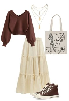 Outfit Ideas Special Occasion, My Clothes Aesthetic, Outfits With Brown Skirt, Fall Outfits Long Skirt, Tradwives Outfits, Soft Indie Outfits, How To Style A Skirt, Theatrical Romantic Style Casual, Modern Cottage Core Outfit