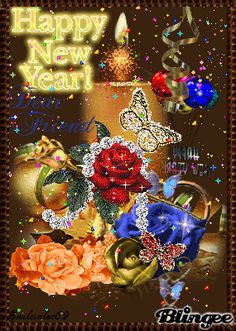 a happy new year card with flowers and butterflies