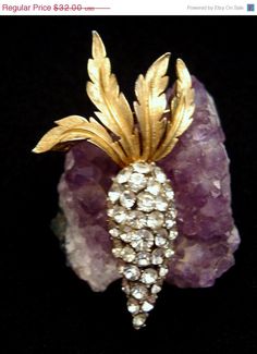 Crown Trifari Figural Carrot by GrapenutGlitzJewelry, Costume Jewelry Makers, Luxury Mid-century Collectible Brooches, Elegant Multi-stone Collectible Brooches, Luxury Ornate Gemstone Brooches, Trifari Brooch, Figural Jewelry, Trifari Jewelry, Gold Flower-shaped Rhinestone Brooches