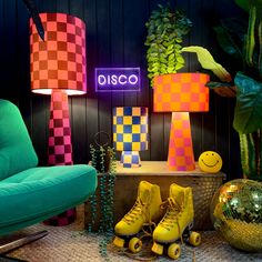 brightly colored lamps and roller skates are on display