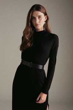 Cashmere Blend Funnel Neck Belted Dress Knitted Midi Dress, Statement Clutch, Designer Midi Dresses, Belted Midi Dress, Knit Midi, Knit Midi Dress, Karen Millen, Less Is More, Funnel Neck