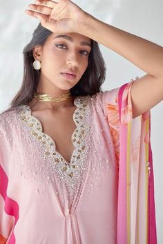 Shop for Rajiramniq Pink Crepe Floral Print Kaftan for Women Online at Aza Fashions Pink Kaftan, V Neck Kaftan, Kaftan For Women, Print And Embroidery, Pearl Embroidery, Types Of Work, Luxury Sale, Embroidery Floral, Nude Pink