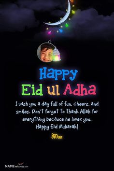 happy eid ul adha greeting card with crescent moon and child's face