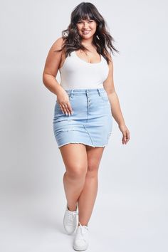 Our Women's Mini Skirt With Frayed Hem is detailed with a distressed edge hem that will give you that true vintage vibe. Featuring five-pocket construction, exposed five-button closure, and belt loops. From YMI, with love. Measurement (Based on size 18) - Total Front Length: 19” - Total Outseam: 19.5” - Sweep: 44” Composition: - 70% Cotton/ 27% Polyester/ 1% Viscose/ 2% Spandex • Machine wash cold. • Model is wearing a size 16. Medium Wash Cutoff Denim Skirt With Button Closure, Cutoff Medium Wash Denim Skirt With Button Closure, Plus Size Denim Skirt, Ymi Jeans, Hem Skirt, Vintage Vibe, Everyday Dresses, Fashion Sale, True Vintage