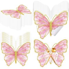 pink and gold butterfly hair clips, combs, and napkins with golden accents