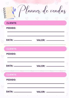 a pink planner with hearts on it and the words planner de vendas written in spanish