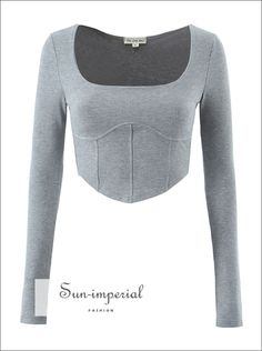 Women’s Long Sleeve Scoop Neckline Ribbed Cropped Top T-shirt With Exposed Seams Detail Sun-Imperial United States Gray Crop Top For Fall, Gray Ribbed Scoop Neck Top, Trendy Gray Scoop Neck Top, Square Neck Long Sleeve Top, Imperial Fashion, China Clothes, Square Neck Long Sleeve, Everyday Fashion Outfits, Exposed Seams