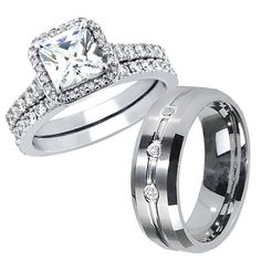 two wedding rings with diamonds on them