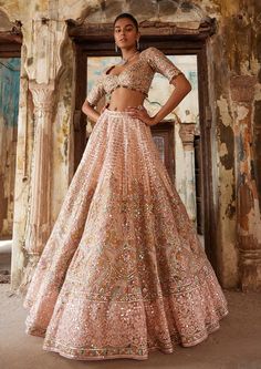 Editor's Note This stunning light pink net lehenga set features intricate embroidery in resham, foil, gota, and mirror, making it a standout piece for any special occasion. The heavily embroide... Designer Bridal Lehenga, Net Lehenga, Red Lehenga, Embroidered Lehenga, Indian Lehenga, Indian Couture, Wedding Lehenga, Indian Wedding Outfits, Lehenga Designs