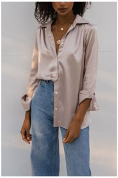 Satin Shirt Outfit Ideas, Silk Top Outfit, Satin Shirt Outfit, Silk Shirt Outfit, Top Outfit Ideas, Styled By, Shirt Outfit Ideas, Tops Outfit, Tan Silk