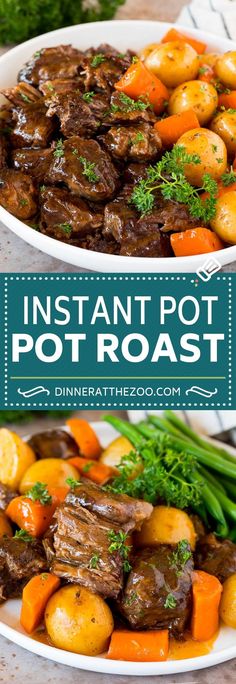 instant pot roast with carrots, potatoes and green beans in a white bowl on a wooden table