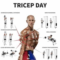 an image of a man doing exercises for his body and shoulders with the words tricep day on it