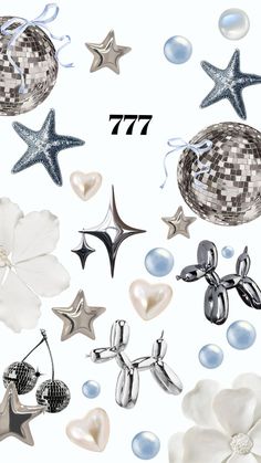 an assortment of silver and white jewelry on a white background with bubbles, stars, and flowers