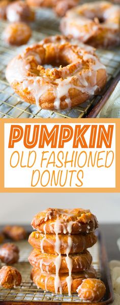 pumpkin old fashioned donuts with icing on a cooling rack