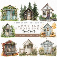 the garden shed clipart pack includes several different types of houses and trees, including one with